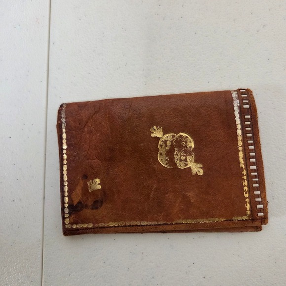 Handbags - Vintage Brown Leather Gilded Wallet Hand Painted Boho Folk Art Multi Pocket
